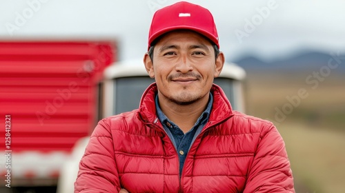 Proud Peruvian truck driver standing confidently in front of his cargo truck, showcasing the spirit of the trucking industry and the vital role drivers play in transportation and logistics.
