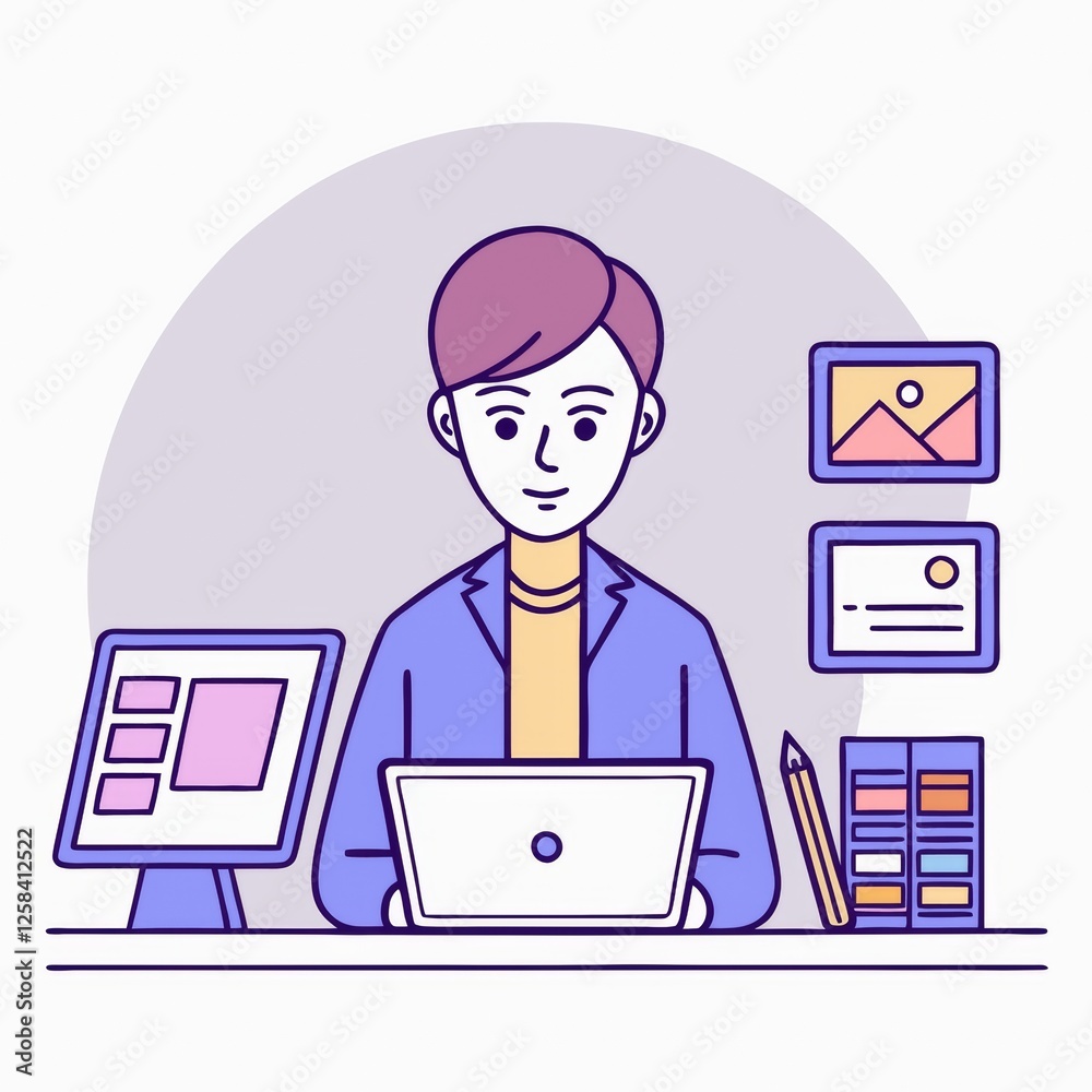 A graphic designer creating digital art on a tablet in a studio, surrounded by creative tools. Cartoon A graphic designer creating digital art on a tablet in a studio, surrounded by creative tools. Cartoon
