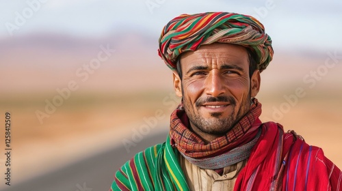 A confident Algerian truck driver smiling against a scenic backdrop, showcasing pride in his culture and profession, capturing the essence of life on the road and the beauty of the Algerian landscape.