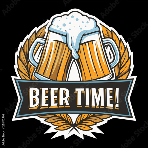 Two beer mugs, brimming with frothy beer and making a toast, form the centerpiece of a logo design for a brewery or bar, set against a backdrop of barley ears and a banner proclaiming beer time.