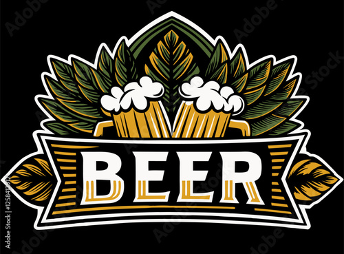 Two beer mugs, brimming with refreshing golden beer and topped with fluffy white foam, take center stage in this design, surrounded by a stylized arrangement of hop leaves