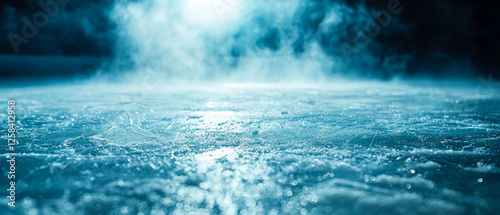 Professional ice hockey rink with dramatic lighting, fog, skate marks. Panoramic scene with winter sports arena for competition, championship. Sport background.Generative ai	 photo