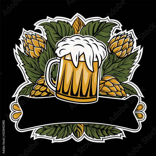 Colorful vintage brewing emblem design with foamy beer overflowing from glass mug surrounded by hops and leaves with black ribbon banner for text placement