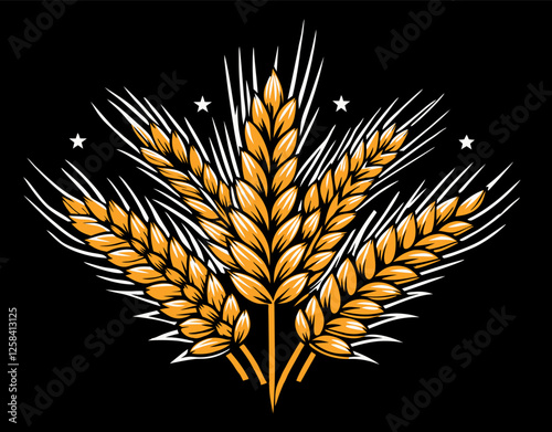 Golden wheat stalks. Accented with white highlights. Form a striking emblem. Set against a black background and adorned with three stars. Symbolizing quality brewing and the essence of beer crafting