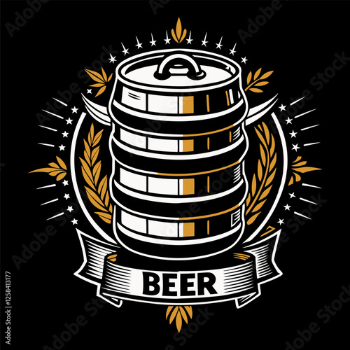 Brewery logo featuring a metal beer keg surrounded by barley stalks and stars, capturing the vibrant spirit of brewing culture and the lively atmosphere of bars and pubs