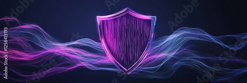 Purple shield with neon light waves.