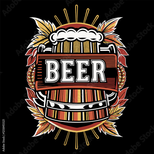 Overflowing beer mug logo design with hops, barley, and decorative elements, ideal for breweries, bars, and beer related businesses seeking a vintage and eye catching brand identity