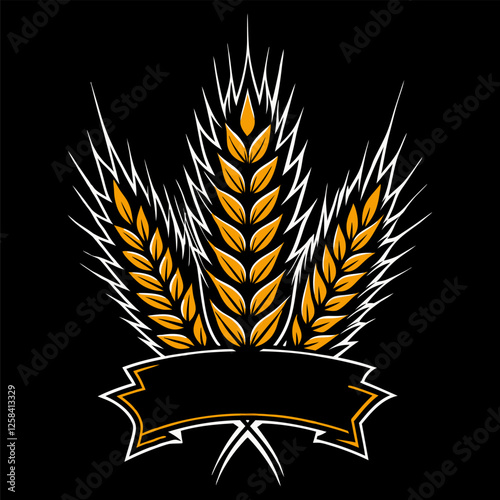 Three stylized spikes of wheat with sharp edges and a banner below forming a logo for a brewery, pub, or beer brand, conveying tradition, quality, and natural ingredients