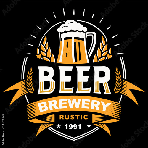 This vintage logo design features a frothy beer mug, wheat stalks, and banner, representing a rustic brewery established in 1991, combining traditional brewing methods with a classic aesthetic