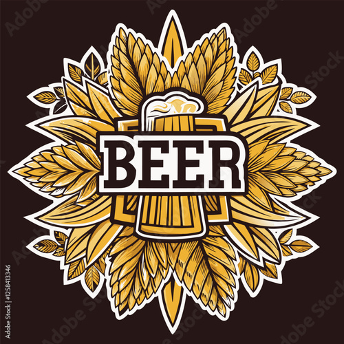 Foamy beer overflowing from a golden mug takes center stage, nestled within a decorative arrangement of hops and leaves, creating a vintage brewing emblem