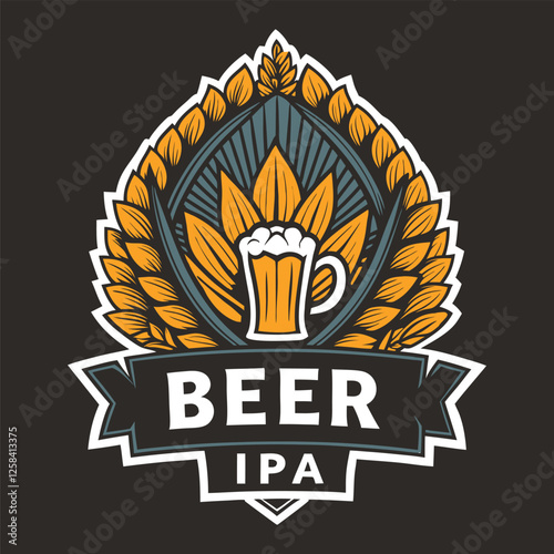 Pint of refreshing india pale ale beer with froth surrounded by hops and barley spikes is depicted in this vintage brewing emblem for brewery pub or bar