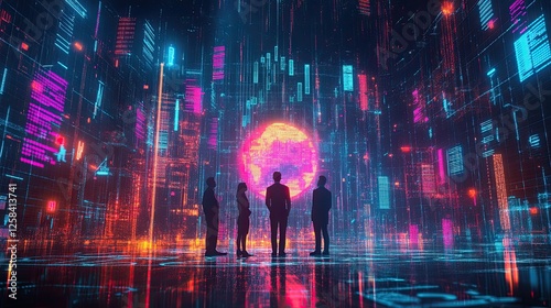 Wallpaper Mural Silhouette Figures in Glowing Futuristic Cityscape Torontodigital.ca