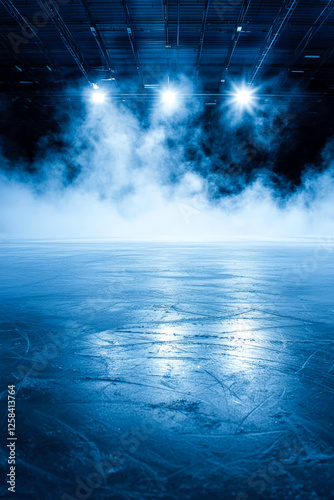 Spectacular ice hockey arena with dramatic lights, fog, and skate marks. Frozen rink ready for action, perfect for sports, competition, championship, dynamic winter game backgrounds.Generative ai