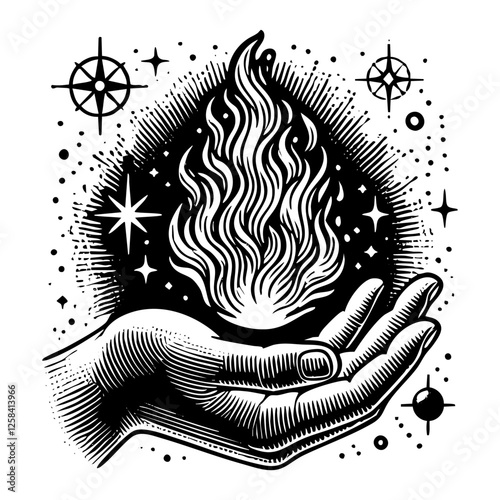 Fire on hand engraving black and white outline. Scratch board imitation.  illustrated in vintage line art style on a white background.
