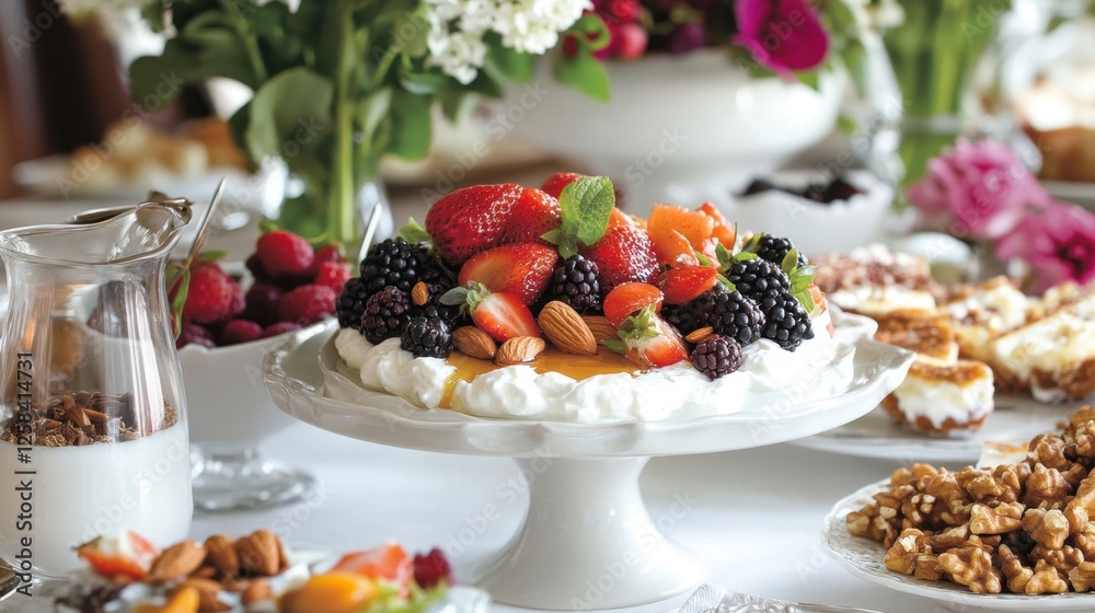 Colorful fruit-topped cake on elegant dessert table with nuts and flowers Colorful fruit-topped cake on elegant dessert table with nuts and flowers