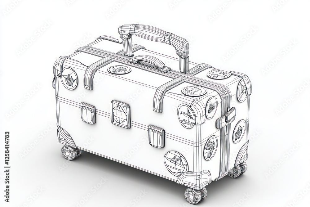 3D suitcase glyph icon, decorated with stickers, travel-themed, white background. 3D suitcase glyph icon, decorated with stickers, travel-themed, white background.