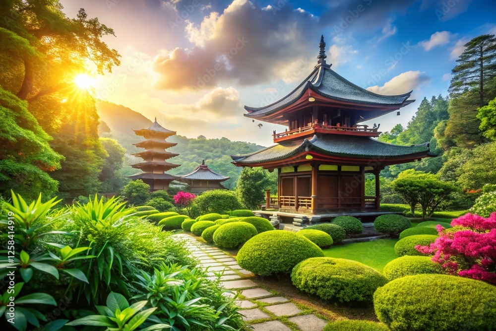 Obraz premium Serene Temple Garden: Lush Greenery & Ancient Architecture Stock Photo