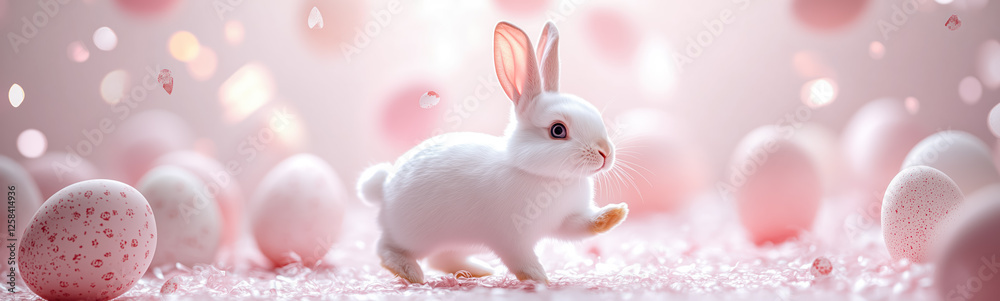 Obraz premium Cute Easter bunny jumping on the pink background surrounded by colorful eggs. Easter concept.
