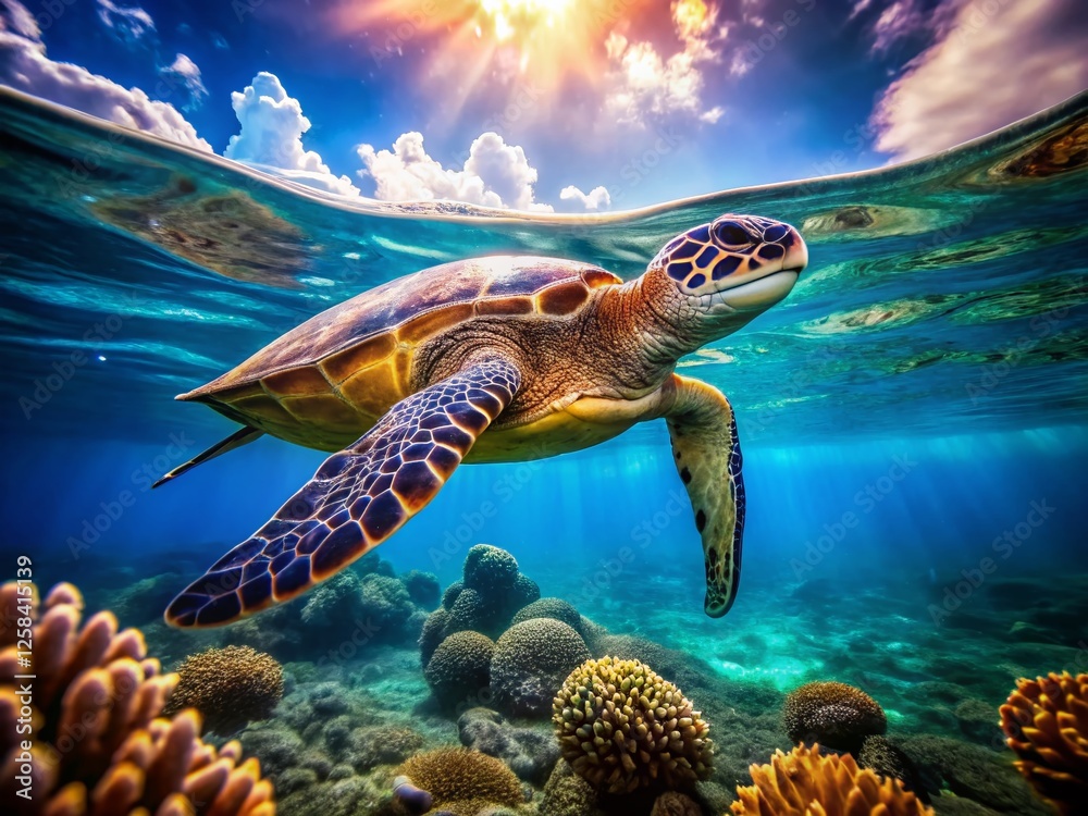 Fototapeta premium Serene Turtle, Long Exposure Underwater Swim, Ocean Wildlife