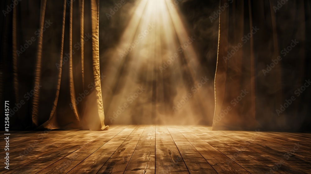 Obraz premium A dimly lit stage with curtains, illuminated by a spotlight, creating a dramatic atmosphere perfect for performances.