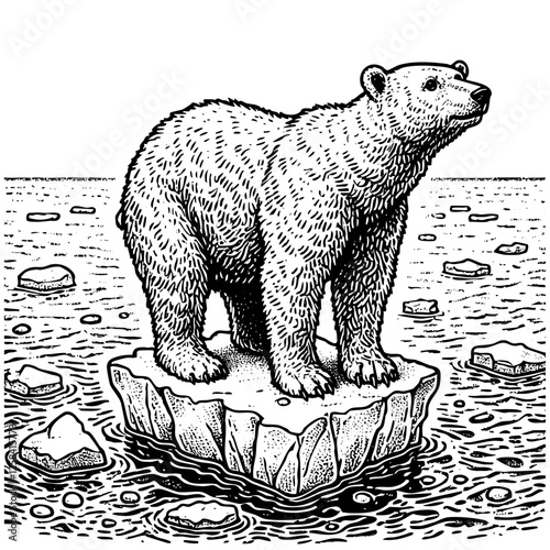 Polar bear on ice float engraving black and white outline. Scratch board imitation. illustrated in vintage line art style on a white background.
