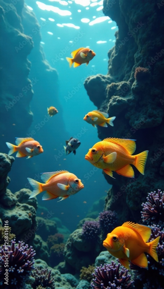 School of colorful fish swimming together , ocean life, marine animals, seafood School of colorful fish swimming together , ocean life, marine animals, seafood