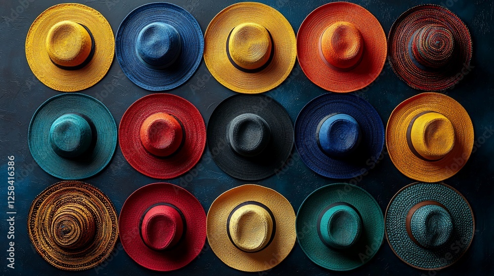 Colorful array of stylish hats arranged in a grid on a textured background Colorful array of stylish hats arranged in a grid on a textured background