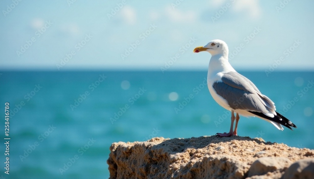 Seagull perched on a rock at sea, coastline, seagulls, ocean Seagull perched on a rock at sea, coastline, seagulls, ocean