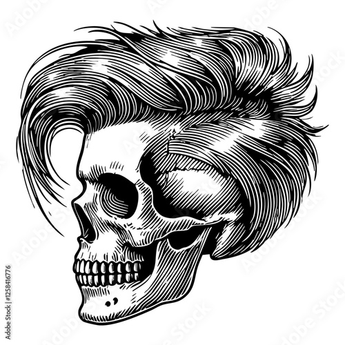Skull beard hipster engraving black and white outline. Scratch board imitation.

