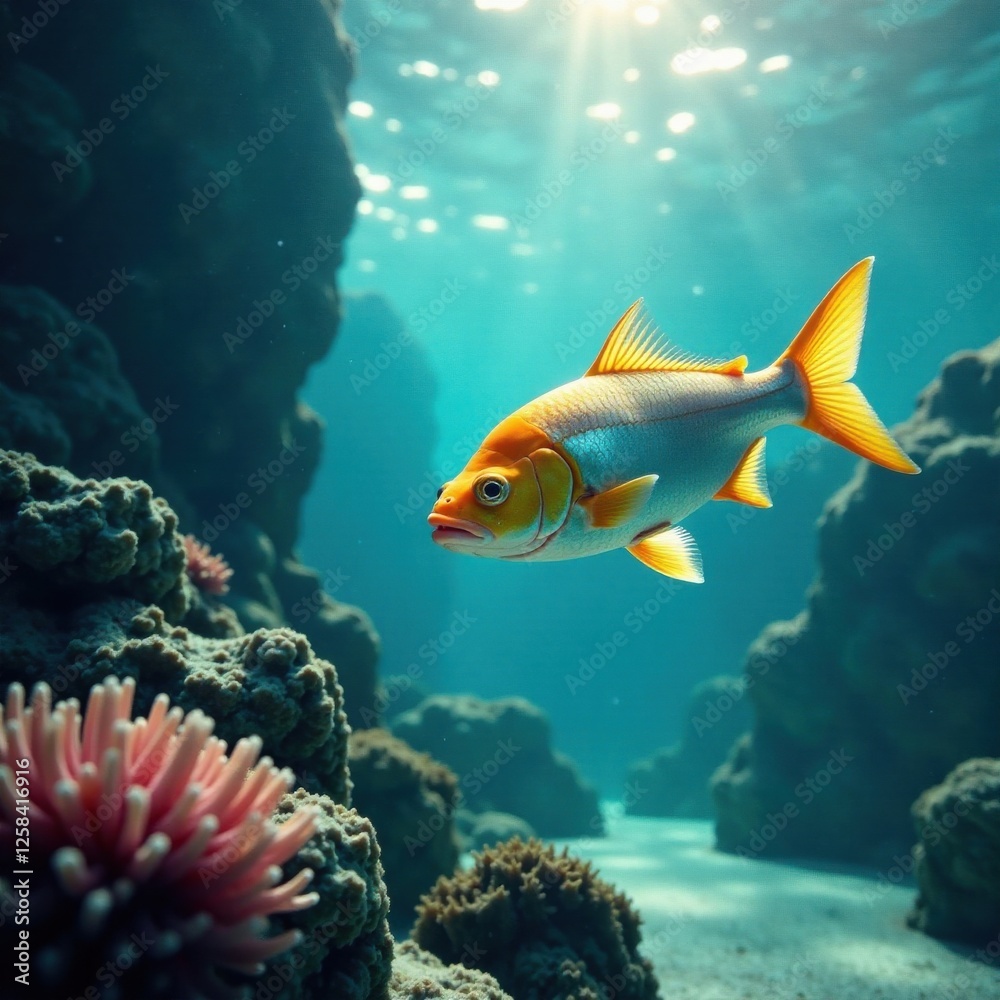 school of silver and gold fish in ocean waves , shimmering, ocean, sea school of silver and gold fish in ocean waves , shimmering, ocean, sea