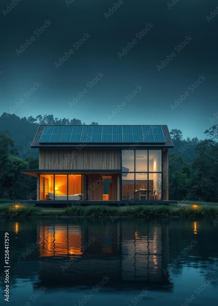 A modern minimalist house constructed with sustainable bamboo and recycled glass situated by a tranquil lake the home's straightforward design highlights natural materials while solar panels on th bam