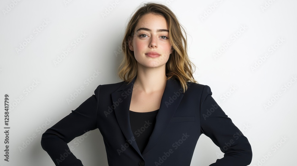 Confident Young Businesswoman in Navy Suit - Professional Female Executive Portrait on White Background Confident Young Businesswoman in Navy Suit - Professional Female Executive Portrait on White Background