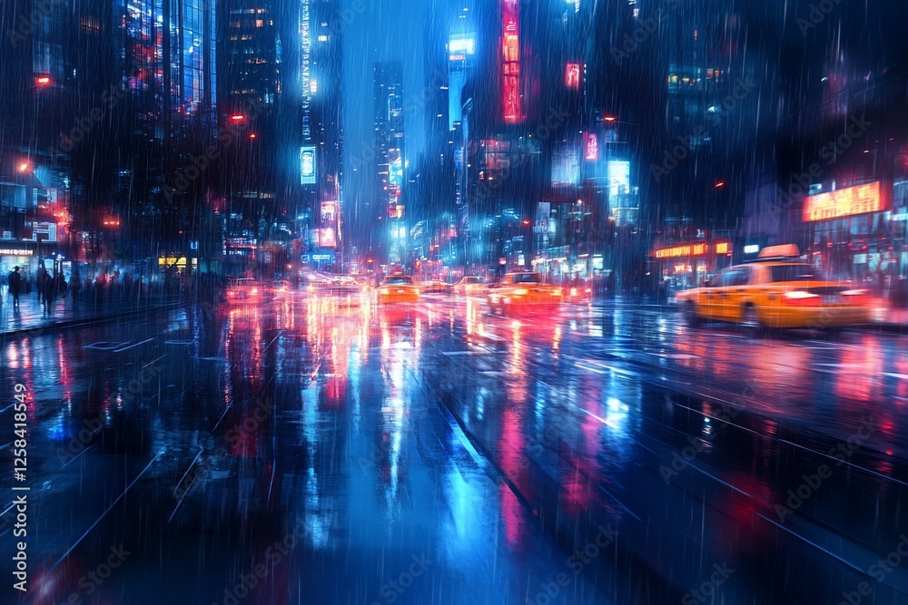Fototapeta premium Rainy night in a futuristic city with blurred lights, reflections, and cars.