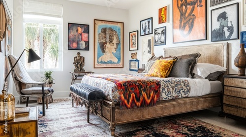 Eclectic bedroom with vintage posters, a statement bed frame, and a mix of textures and patterns for an inspiring, artistic retreat