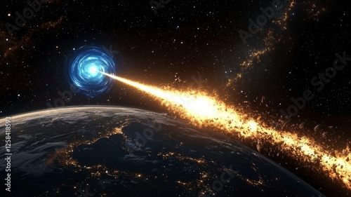 Space exploration nebula hyperspace concept. A cosmic scene depicting a blue portal shooting a fiery beam towards Earth amidst a starry backdrop.
