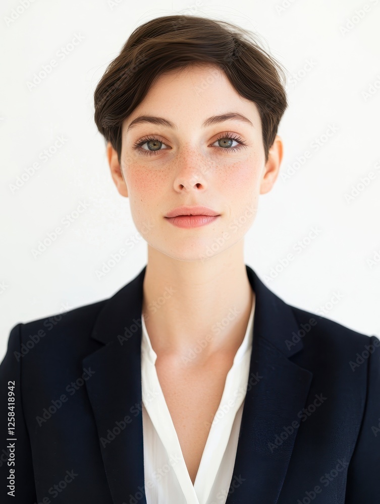 Confident Young Professional Woman in Navy Blazer and White Blouse Symbolizing Strength and Determination against Bright White Background Confident Young Professional Woman in Navy Blazer and White Blouse Symbolizing Strength and Determination against Bright White Background