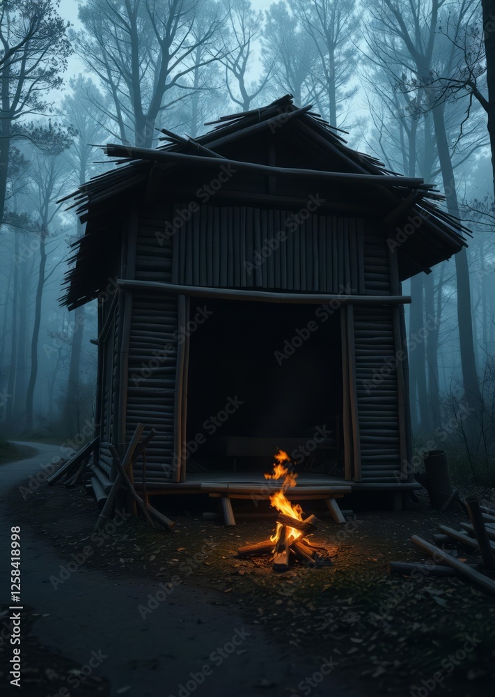 The shabby wooden house to the middle of the forest the road inside the house there is a small fire burning firewood a bamboo bed it is dark outside generative ai bamboo house background beautiful bam
