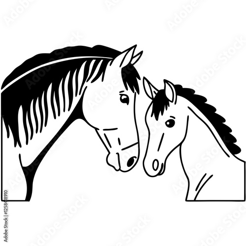 Horse and foal head touching one line of drawing on white isolated background ,Vector illustration,Icon