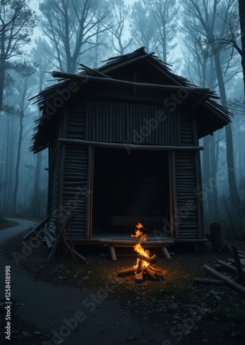 The shabby wooden house to the middle of the forest the road inside the house there is a small fire burning firewood a bamboo bed it is dark outside generative ai bamboo house background beautiful bam