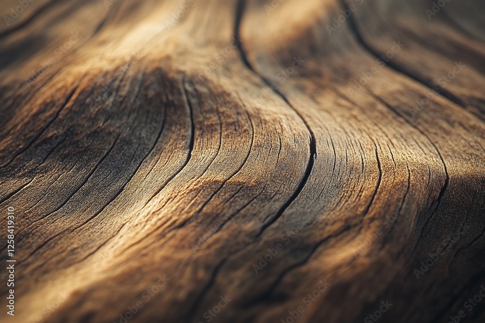 Fototapeta premium Close-up of aged wood surface texture showing grain, cracks, and variations in color and tone.