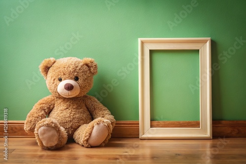 Adorable Teddy Bear Nursery Art Mockup: Empty Wooden Frame on Green Wall