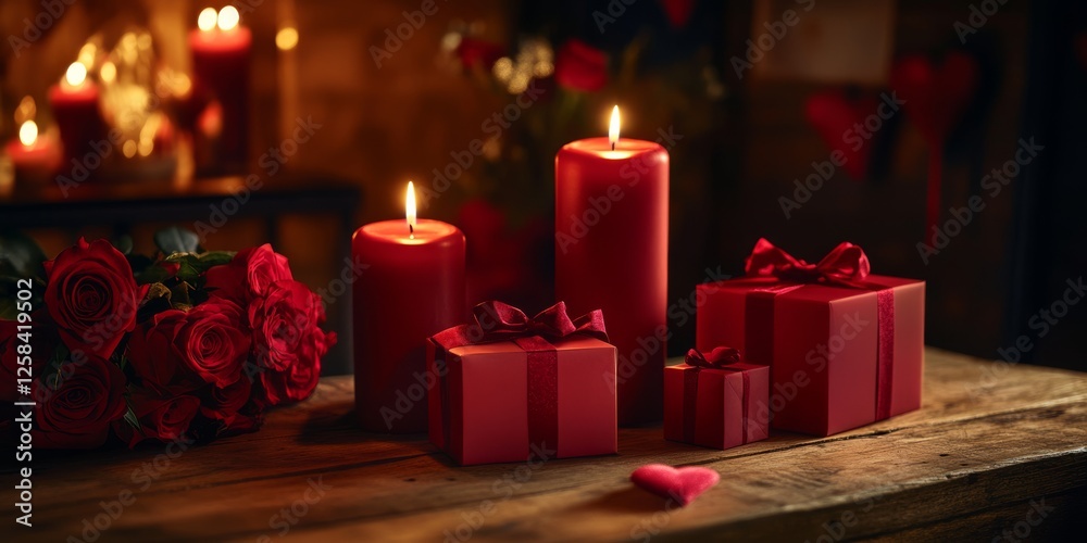 Romantic Valentine’s Day setup with red candles, roses, and gift boxes on a rustic wooden table, creating a warm and intimate ambiance