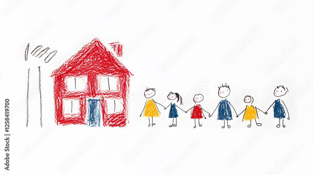 Children's doodle crayons drawing of a house and family nearby isolated on a white background Children's doodle crayons drawing of a house and family nearby isolated on a white background