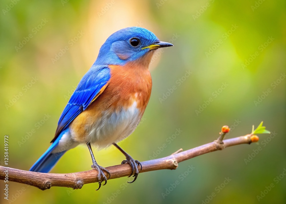 Obraz premium Adorable Tiny Blue Bird Posing on Branch, Copy Space - Stock Photo