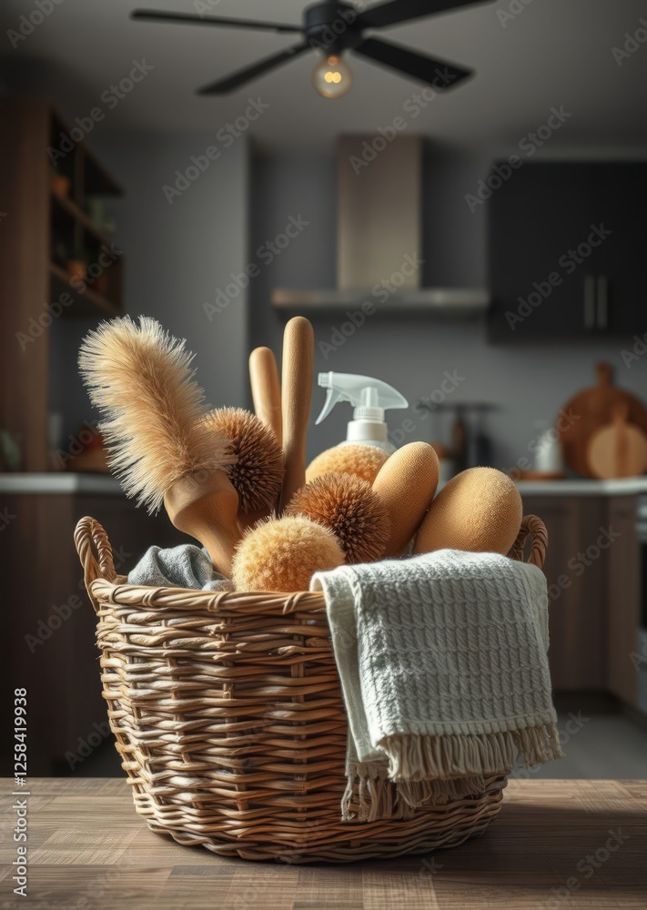 Basket with brushes rags natural sponges and cleaning products modern kitchen interior in the background house cleaning concept bamboo house background beautiful bamboo asian seaport baltic sea antebe