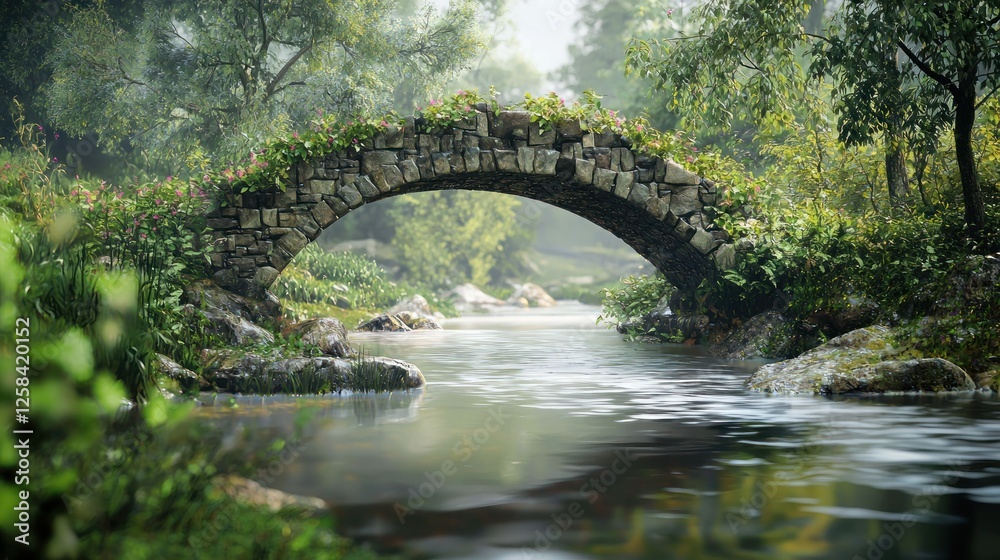Fototapeta premium Enchanted Stone Bridge Over Serene Stream in Lush Forest