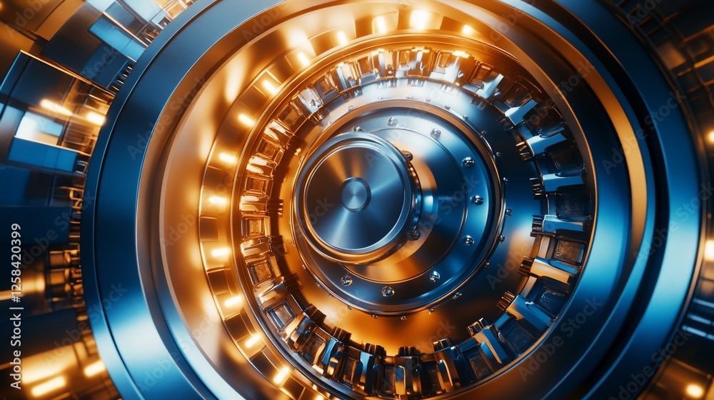 Close-up of a complex metallic mechanism with glowing orange and blue accents, showcasing intricate gears and industrial design.