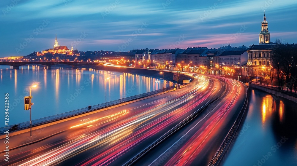 Obraz premium Night cityscape with illuminated river, bridge, and traffic light trails.