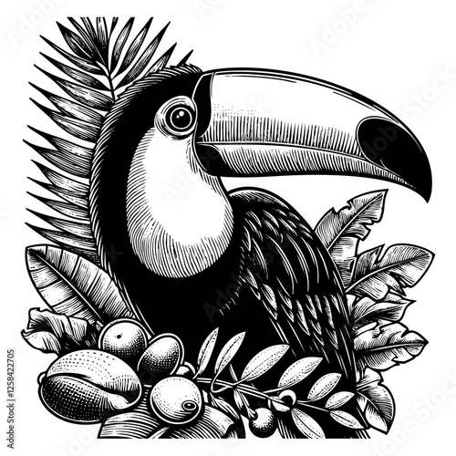 Toucan on wood engraving black and white outline. Scratch board imitation.  illustrated in vintage line art style on a white background.
