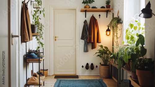 House entrance door and isolated hallway furniture set on white background. Indoor hanger with yellow coat, shelf for slippers and blue carpet for hall. Modern foyer with lamp and plant collection photo